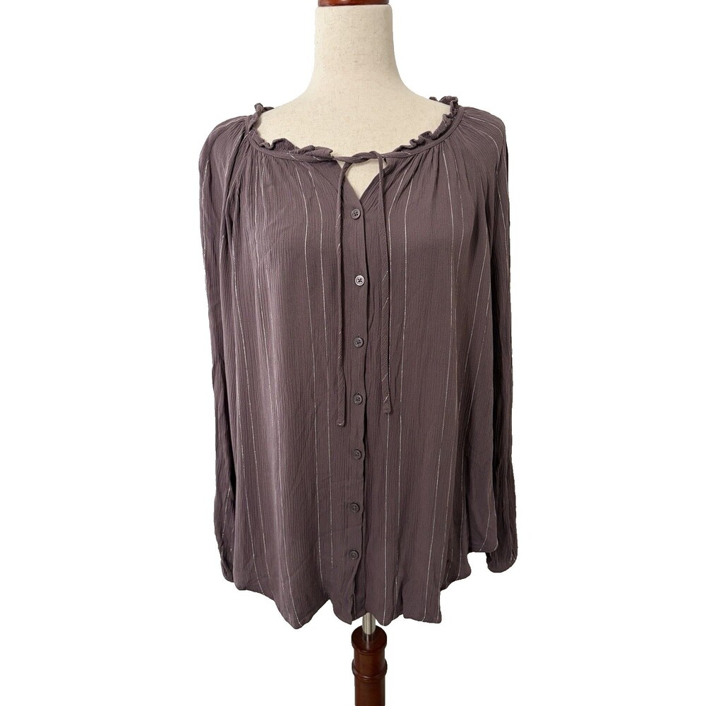 Torrid Women’s 2 Mauve Purple Metallic Stripe Blouse Button Office Tie Neck